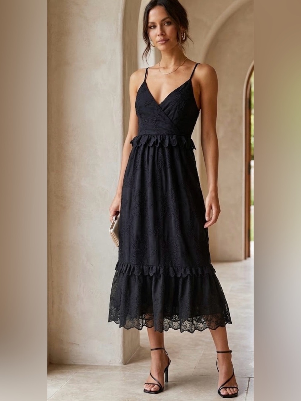 Blue Rain Black Lace Midi Dress with Ruffled Waist and Hem size M